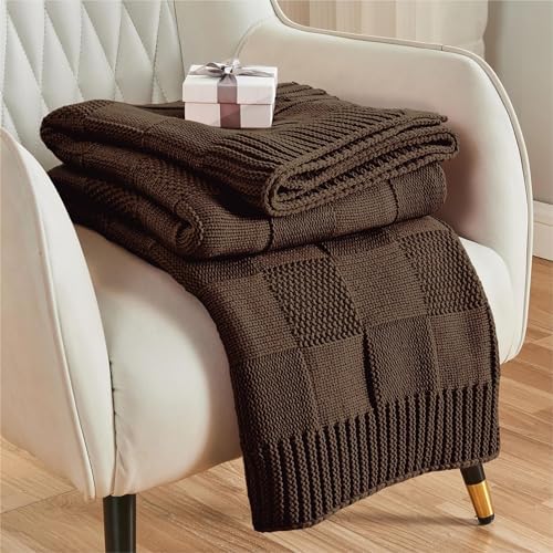 CozeCube Check Knit Throw Blanket Dark Brown for Couch and Bed