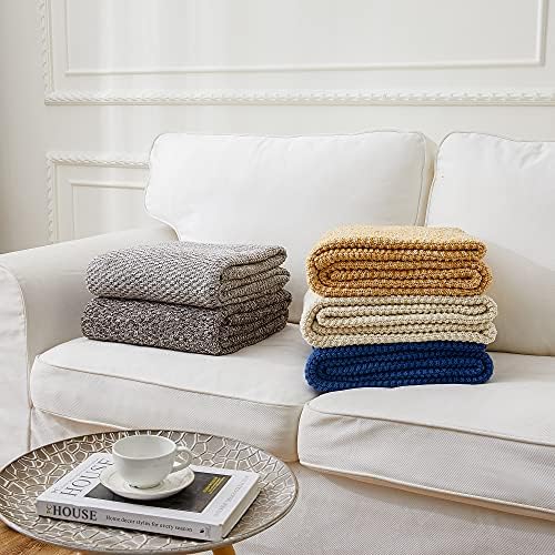 Longhui Bedding Gold Knitted Throw Blanket Mustard Yellow and White