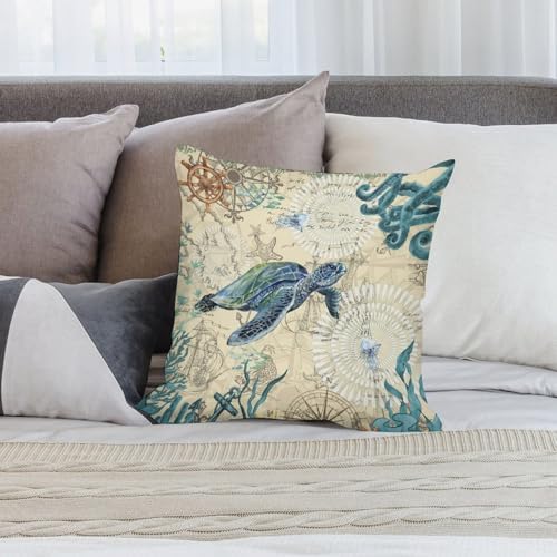Nautical Sea Turtle Pillow Case Set of 2 16x16in 1