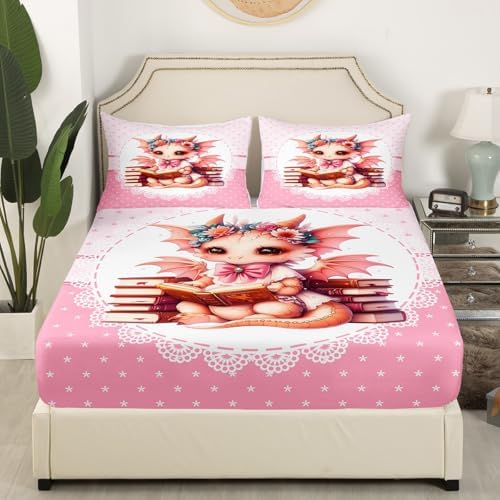 Pink Cartoon Animals Queen Fitted Sheet Set with Pillow Cases