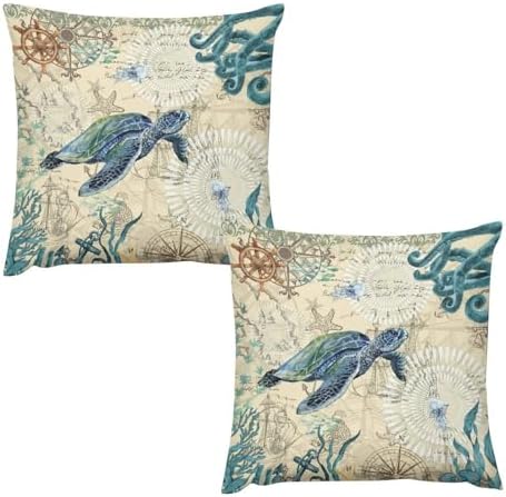 Nautical Sea Turtle Pillow Case Set of 2 16x16in 1