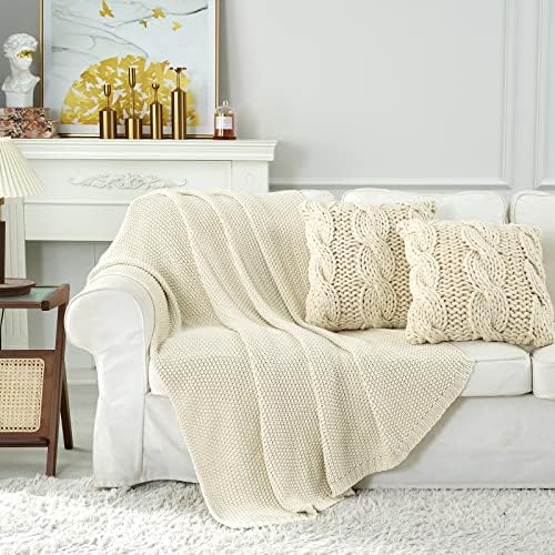 Longhui Bedding Chunky Cable Knit Throw Blanket Cream 60x80