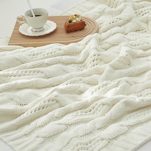 Amlie Home Chunky Knit Throw Blanket 50x60 Ivory