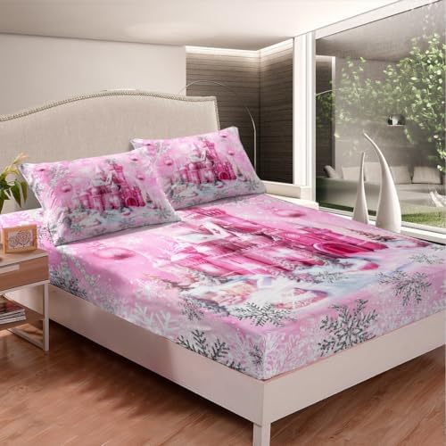 Pink Castle Fitted Sheet Set Twin Size with Pillowcase