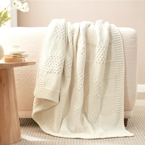 Amlie Home Checkered Chenille Throw Blanket 50x60 Ivory