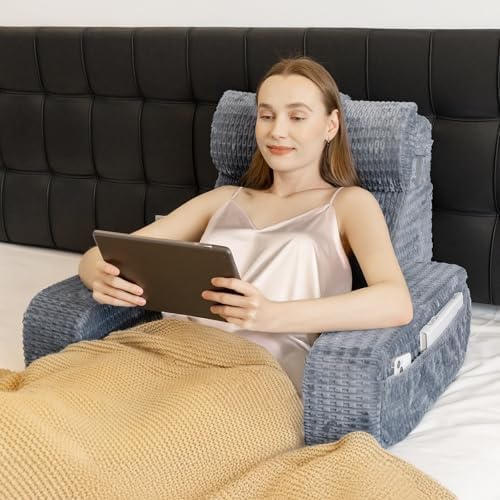 Selectico Reading Pillow for Bed with Arms and Pockets Grey