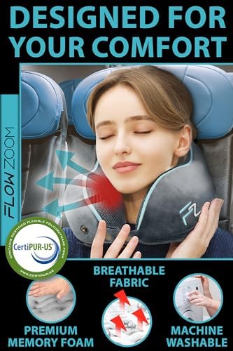 FLOWZOOM Memory Foam Travel Pillow Adjustable with 360 Support Grey