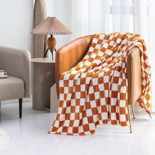 LOMAO Flannel Throw Blanket with Checkerboard Design Orange 50x60