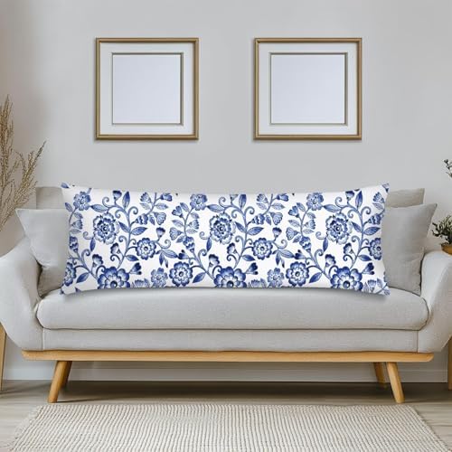 Blue and White Porcelain Floral Body Pillow Cover 20x54