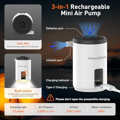 WhiteUniQoon Air Pump for Inflatables with LED Light and Rechargeable Battery