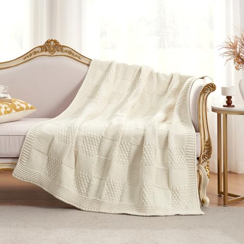 Amlie Home Checkered Chenille Throw Blanket 50x60 Ivory