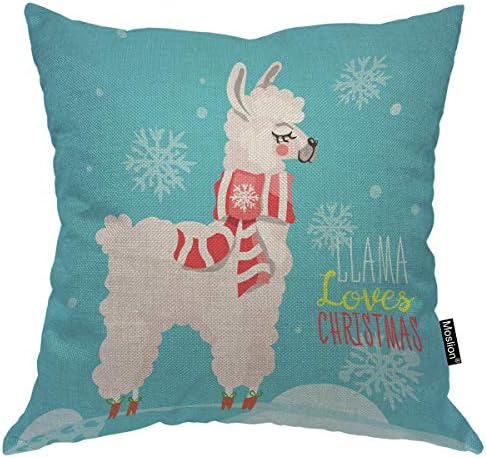 Cute Llama Throw Pillow Cover 18x18 Inch Red White Blue Christmas Striped Scarf