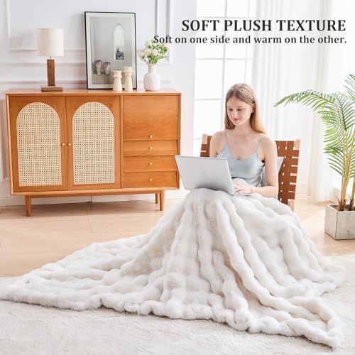 Faux Fur Throw Blanket 50x60 Cozy Luxury Ivory