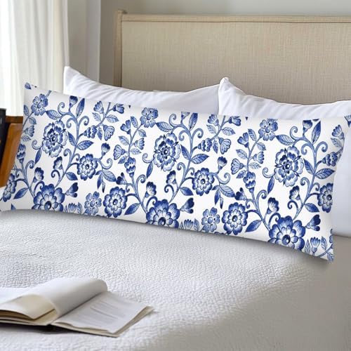 Blue and White Porcelain Floral Body Pillow Cover 20x54