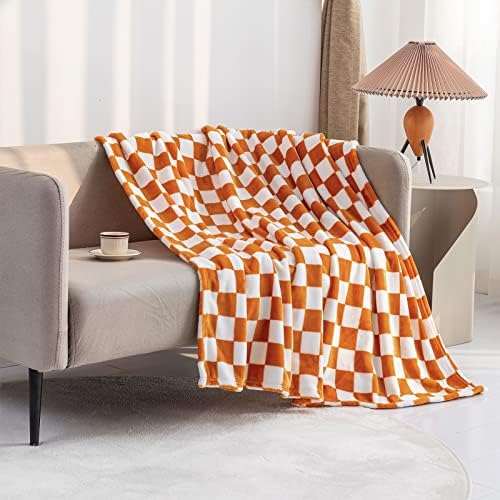 LOMAO Flannel Throw Blanket with Checkerboard Design Orange 50x60