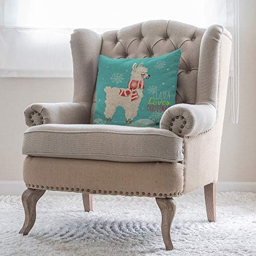Cute Llama Throw Pillow Cover 18x18 Inch Red White Blue Christmas Striped Scarf