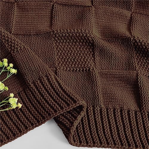 CozeCube Check Knit Throw Blanket Dark Brown for Couch and Bed