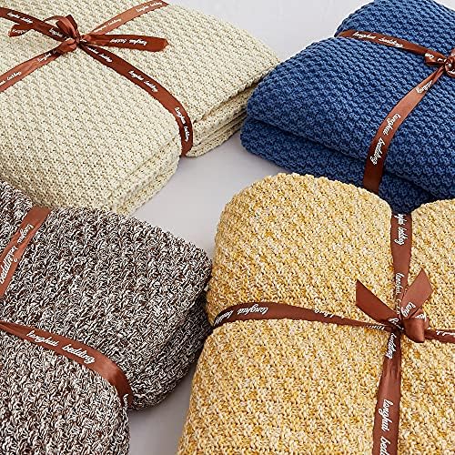 Longhui Bedding Gold Knitted Throw Blanket Mustard Yellow and White