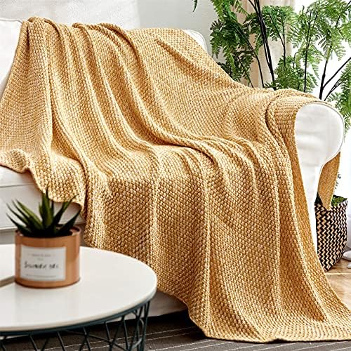 Longhui Bedding Gold Knitted Throw Blanket Mustard Yellow and White