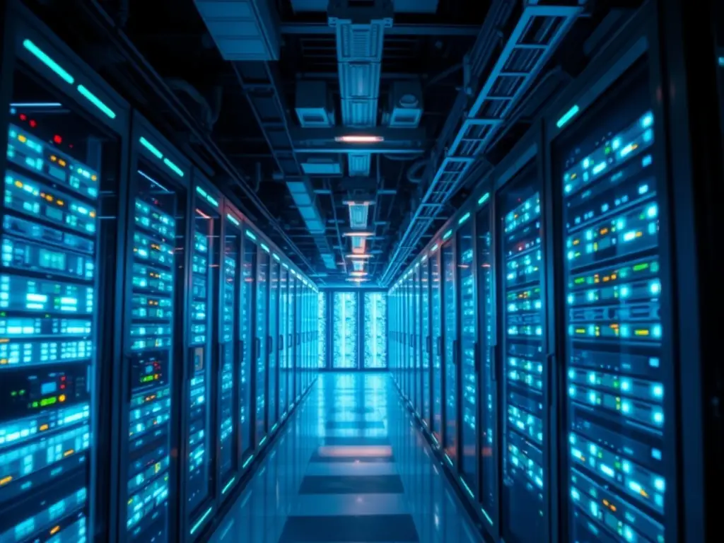 A secure data center with rows of servers, symbolizing cloud solutions and data protection.