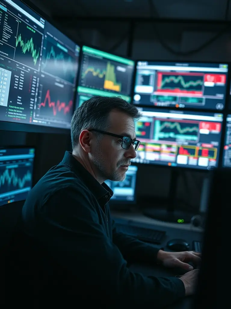 A cybersecurity expert monitoring network security on multiple screens, highlighting catchfuture's Cybersecurity Services.