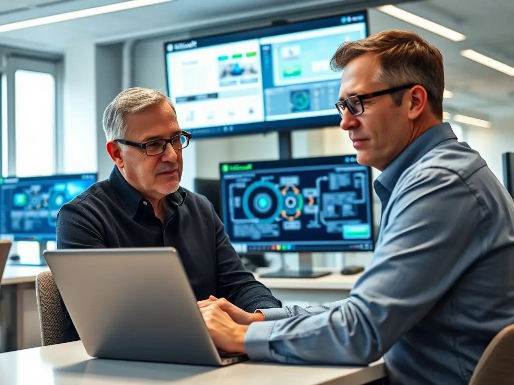 A professional IT consultant is analyzing network infrastructure diagrams in a modern office setting, showcasing strategic planning and expertise.